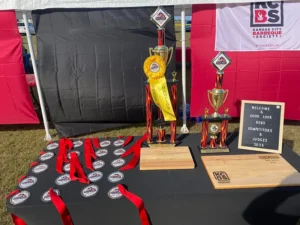 table with awards and trophies